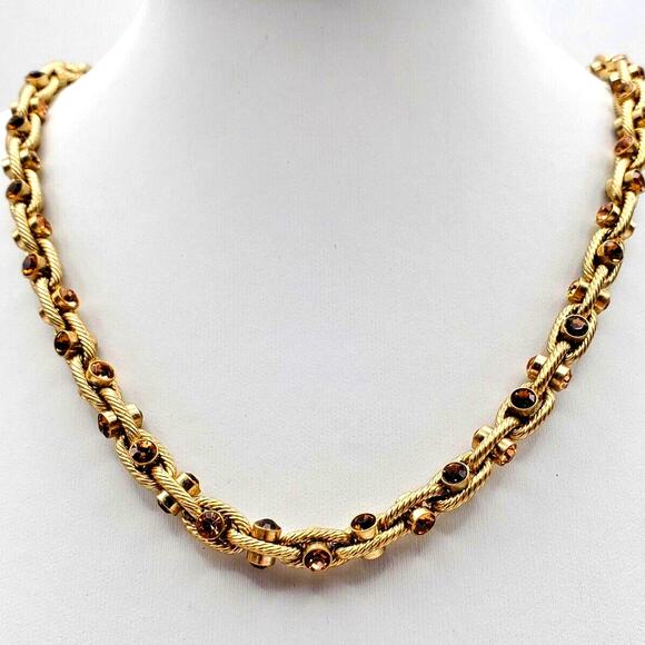 Kiam Gold Tone Brown Topaz Crystal Chain Necklace Designer Elegant Links Retro - Picture 1 of 7